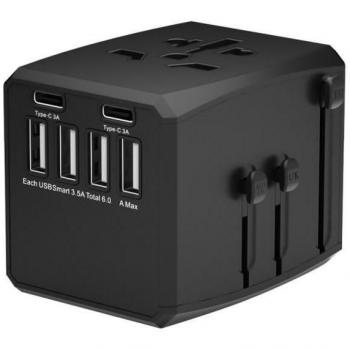 Adaptador de Viaje Mundial Microconnect - 4 Puertos USB A y 2 Puertos USB C, Conector Eléctrico Negro