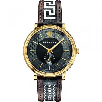 Versace VBQ050017 V-Circle 42mm Gold Tone Black Leather Strap Women's Watch
