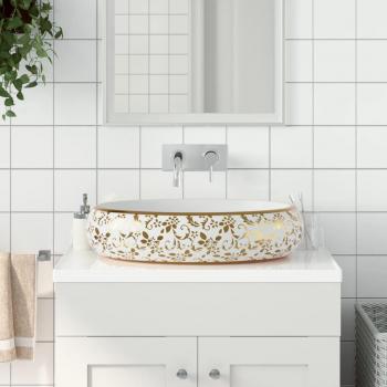 Lavabo de cerámica ovalado 59x40x15 cm blanco y dorado