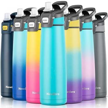Newdora Botella de Agua de Acero Inoxidable, Aislada al Vacío de Doble Pared con Pajita, Botella Termica Deportiva Grande, Sin BPA, a Prueba de Fugas, Termo Ideal para Deporte, Correr, 750ml