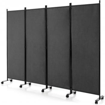 4-Panel Rolling Privacy Screen Divider with Lockable Wheels - Grey