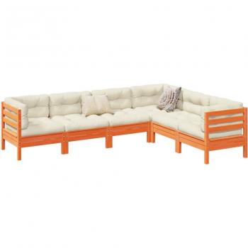6 Piece Garden Sofa Set with Cushions Wax Brown Solid Pine Wood