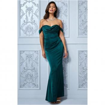 Goddiva Cowl Neck Off The Shoulder Maxi Dress - Emerald