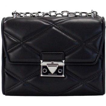 Serena Medium Black Diamond Quilted Faux Leather Flap Shoulder Bag