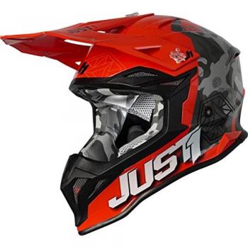CASCO MOTOCROSS JUST1 J39 KINETIC CAMO GREY RED FLUO ORANGE - Casco de motocross, diseño camuflaje en tonos gris, rojo y naranja fluo, modelo J39 de Just1