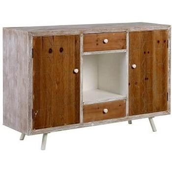 LOLAhome Aparador Blanco y Natural Tallado de Madera de Abeto de 120x35x80 cm