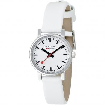 Mondaine evo 26mm womens quartz watch with white dial analogue display and white leather strap a6583030111sbn