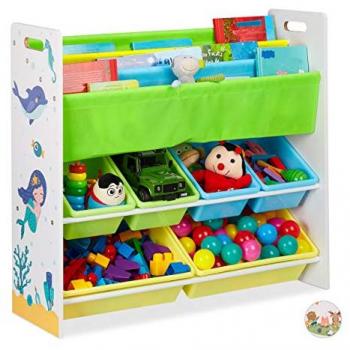 Estantería Infantil Relaxdays con 6 Cajas de Plástico y 4 Estantes de Tela, Motivo Sirenas, Dimensiones 78x86x26.5 cm, Multicolor