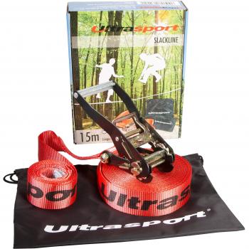 Ultrasport Slackline con tensor de carraca y bolsa de transporte, para principiantes, niños y familias, en dos tamaños, disponible con o sin protector para árboles, set de slackline, slackline fitness