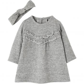 VERTBAUDET Conjunto para bebé de Vestido y Cinta para el Pelo Tejido doudou Gris Medio Jaspeado 3-6 Meses, 67CM