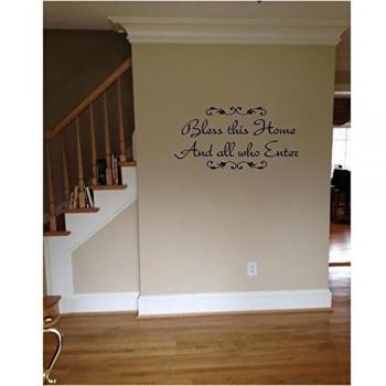 Mejorada experiencia Boutique serie con texto en inglés con texto Bless This Home and all who entre Fancy de pared de vinilo con cita texto religioso Decals Pegatina de Pared de vinilo con cita de la Biblia Verses inspiración religiosa con citations Ps
