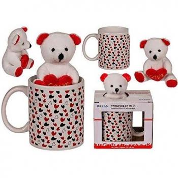 Taza blanco, con corazones pequeñols y oso Teddy, aprox. 10 x 8 cm, de gres