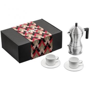 Set de Café Alessi - Cafetera Espresso Pulcina con 2 Tazas y Platillos de Porcelana, Aluminio Compatible Inducción, 3 Piezas