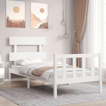 Cama individual con cabecero de madera maciza blanca 90x200 cm