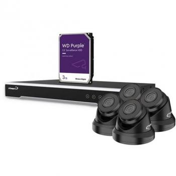 Kit de videovigilancia HD con 4 cámaras IP negras, grabador de red (NVR) PoE de 8 canales y cables CAT6 de 20 m, disco duro de 3 TB