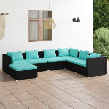 vidaXL 7-Piece Black Poly Rattan Garden Lounge Set with Cushions