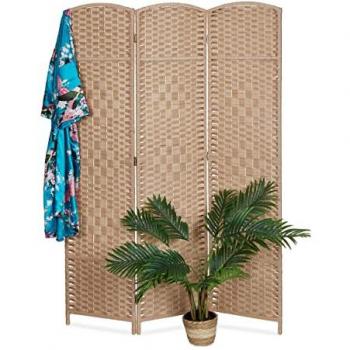 Biombo Plegable Relaxdays, 3 Paneles de Madera con Cuerda de Papel, Separador de Ambientes para Interior, 170x120 cm, Natural