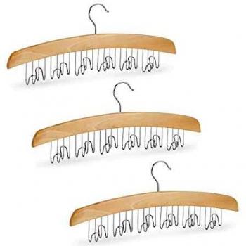 Set de 3 Perchas para Cinturones y Corbatas, Soporte Giratorio para 12 Cinturones, Madera de Loto, 17x43x5 cm, Natural/Plateado