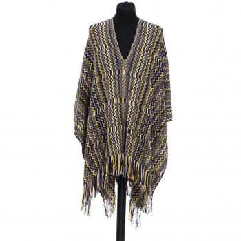 Geometric Multicolor Fringe Wool Poncho
