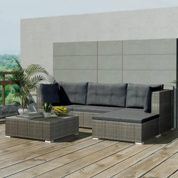 5-Piece Grey Poly Rattan Garden Lounge Set with Cushions