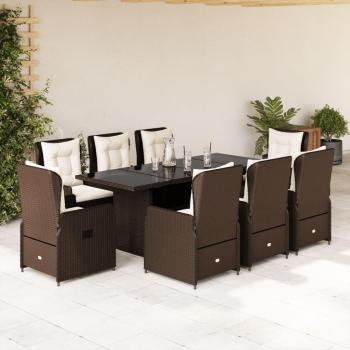 Juego de comedor de jardín 9 piezas con cojines de Polyrattan marrón