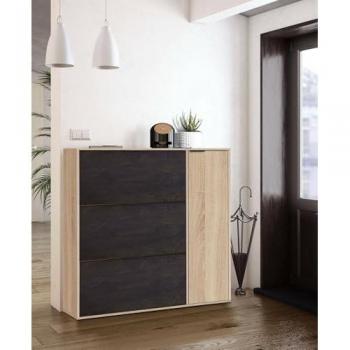 Zapatero moderno DMORA de 4 puertas y 5 estantes, capacidad para 30 pares, color negro y roble, dimensiones 106x115x22 cm