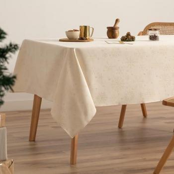 Mantel Rectangular Navideño de Algodón Jacquard con Copos de Nieve y Hilo Dorado 140x300 cm Color Crudo