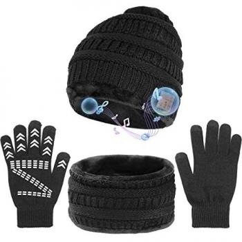 Comfine Gorros de invierno para hombre y mujer, cálidos, color negro, gorro de punto, resistente al viento, unisex, juego de gorro Bluetooth, regalo para hombres