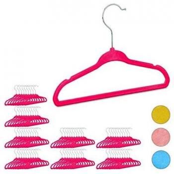 Pack de 80 Perchas Infantiles Antideslizantes con Ganchos Giratorios en Plástico-Terciopelo Rosa Bebé
