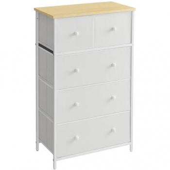 Cómoda de almacenamiento de tela de 5 cajones, cajonera de estilo industrial para salón, pasillo y cuarto de niños, en gris claro, blanco y amarillo camello