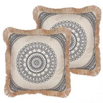 Set de 2 cojines decorativos beige y negro 45 x 45 cm con estampado boho y borlas para sala de estar