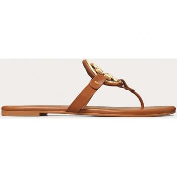 Tory Burch Brown Leather Flat Sandals with Metal Miller Detail for Women, Size 4 UK
