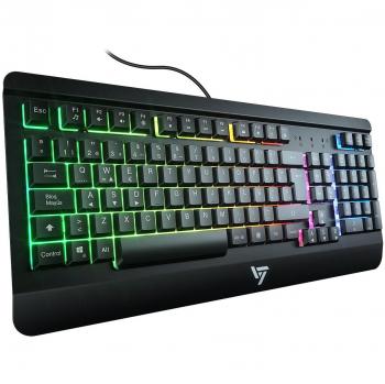 VICTSING Teclado Gaming Español USB, LED Multicolores Rainbow Retroiluminación con 12 Teclas Multimedia y 19 Teclas Anti-ghosting, Teclado Retroiluminado Español de Panel Completamente Metálico Ideal para Juegos-Negro