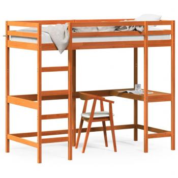 Cama loft con escritorio de madera maciza de pino marrón 100x200 cm