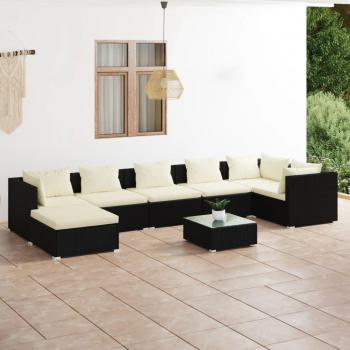 8-Piece Black Poly Rattan Garden Lounge Set with Cushions