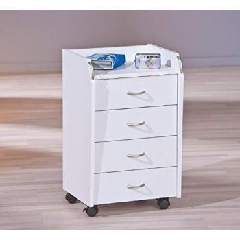 Cajonera con Ruedas, 4 Cajones, 40 x 36 x 65 cm, Mobiliario de Oficina, Blanco, Embalaje Reforzado