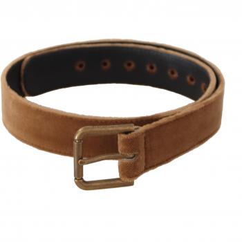 Dolce & Gabbana Brown Velvet Bronze Vintage Logo Metal Buckle Belt - 65 cm / 26 Inches, Elegant Leather Belt with Engraved Buckle, Female, Size: 65 CM
