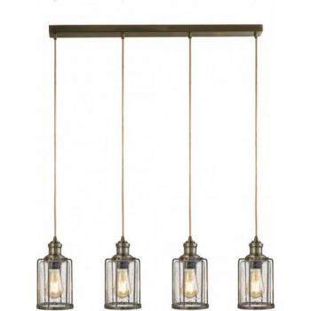 Barra Colgante de 4 Luces en Latón Antiguo con Pantallas de Vidrio E27