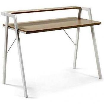 Kave Home - Escritorio Aarhus Rectangular 110 x 60 cm con sobre de Acero Efecto Madera, Estructura de Acero en Blanco y Estante