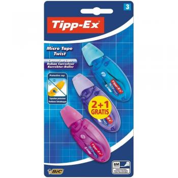 BIC Tipp-Ex Micro Tape Twist, Cintas Correctoras de Bolígrafos, Pack de 3 Unidades, Ideal para Material Escolar, 8m x 5mm con Cabezal Rotativo, Multicolor