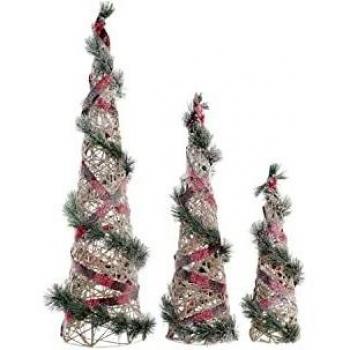 Cono de Navidad LED en Rátan Natural Nevado - Set de 3 Piezas (20 x 20 x 80 cm)