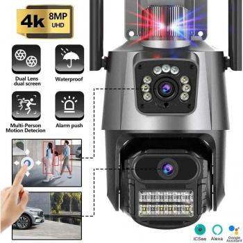 Cámara IP Wifi 4K 8MP con Doble Lente, Videovigilancia CCTV Impermeable, Alarma y Luz de Policía