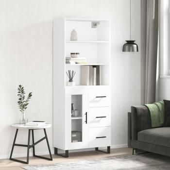 Aparador alto de madera contrachapada blanco 69,5x34x180 cm con 1 puerta de cristal y 3 cajones, mueble de almacenaje para salón, buffet y armario auxiliar