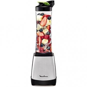 Moulinex Smoothie & Twist LM1A0D - Batidora de vaso individual de 300 W, batidora smoothie de 4 cuchillas con recipiente portátil de 600 ml, vaso apto para lavavajillas, cuerpo acero inoxidable