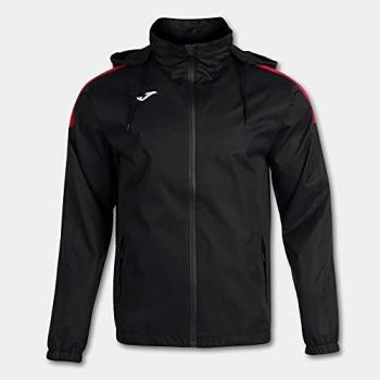 Chubasquero hombre Joma Trivor negro rojo, impermeable, ligero, con capucha ajustable, cierre frontal con cremallera y bolsillos laterales