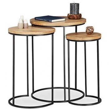 Set de 3 Mesas Auxiliares Redondas, Mesas Nido, Madera de Mango y Metal, Marrón Natural y Negro, 3 Tamaños