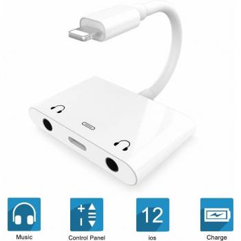 SOOTEWAY 3 en 1 Dual 3.5mm Adaptador de Carga de Audio Converter Splitter Earphone Jack Cargador de Audio Cable para Phone 11pro max/Xs/XR/X/8/8P/7/7P para Pad Air/Pro-Support iOS 12-White