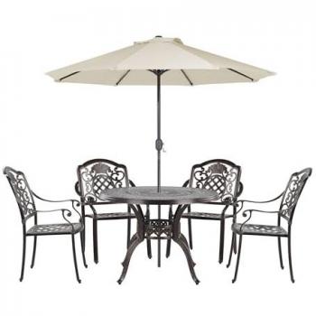 Conjunto de comedor de jardín 4 plazas metal marrón con cojines y sombrilla estilo retro
