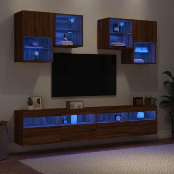 Muebles de TV de pared con luces LED 6 piezas Roble Marrón