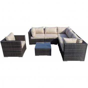 Modular Rattan Outdoor Sofa Set with Beige Cushions and Ice Bucket Coffee Table